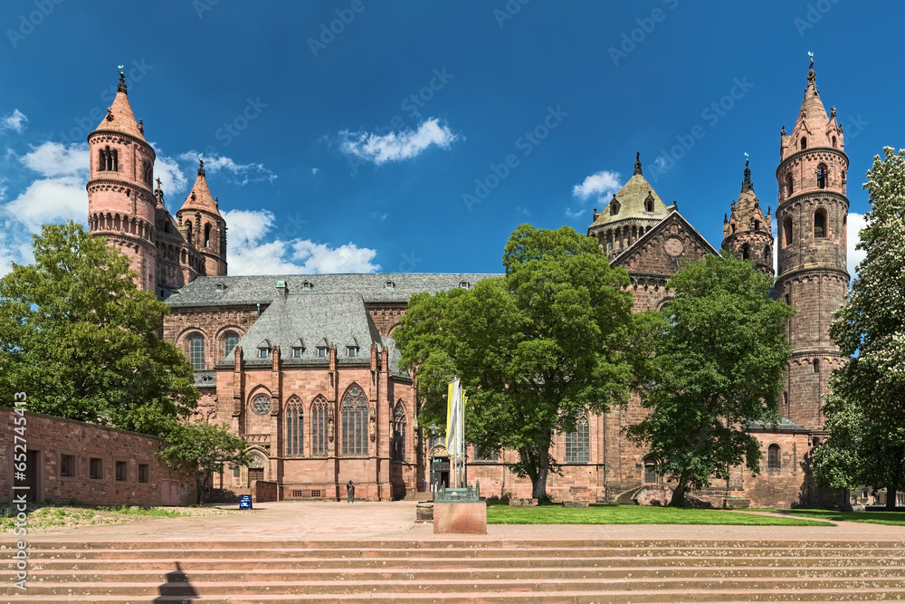 Worms Cathedral, Germany. The cathedral was built from about 1130 to 1181. This is one of the three Rhenish imperial cathedrals besides the Mainz Cathedral and Speyer Cathedral.