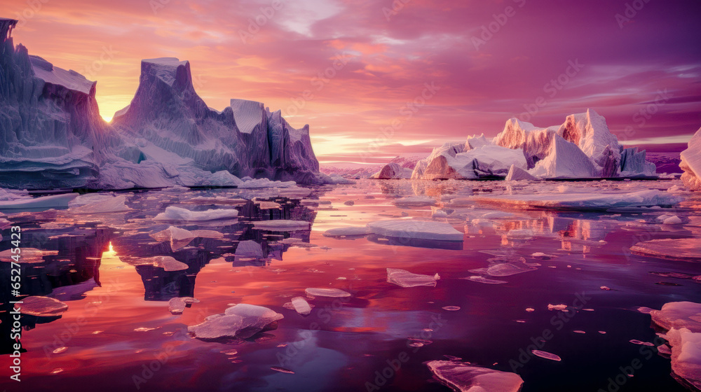 Arctic Fantasy Landscape with Icebergs and Beautiful Panorama Abstract Illustration Digital Art Wallpaper Background Backdrop Cover Magazine