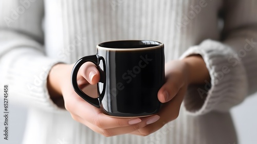 Black mug in woman's hands mockup