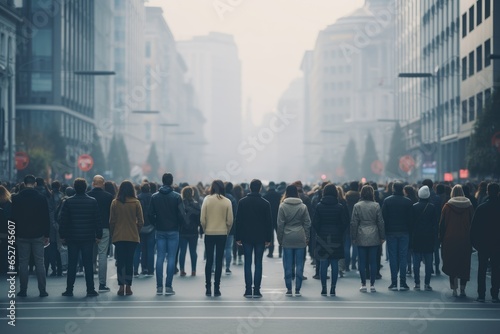 Large Group of People Walking Away on a Foggy City Street