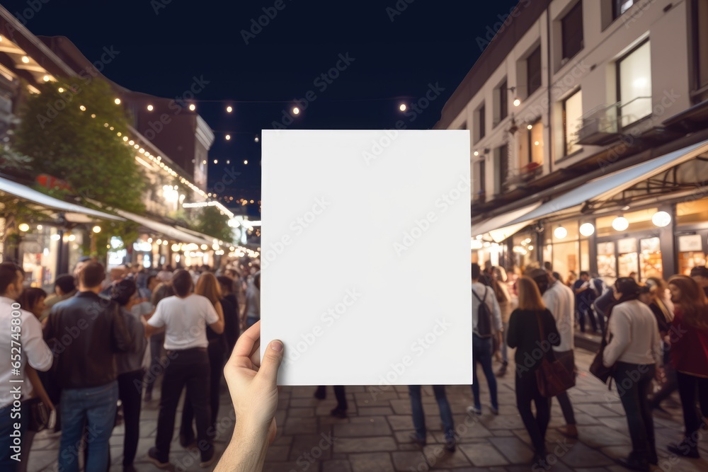 Woman Hand Holding a Blank Sign or canvas in a Busy City Street at Night, point of view, PoV Woman Hand Holding a Blank Sign or canvas in a Busy City Street at Night, point of view, PoV