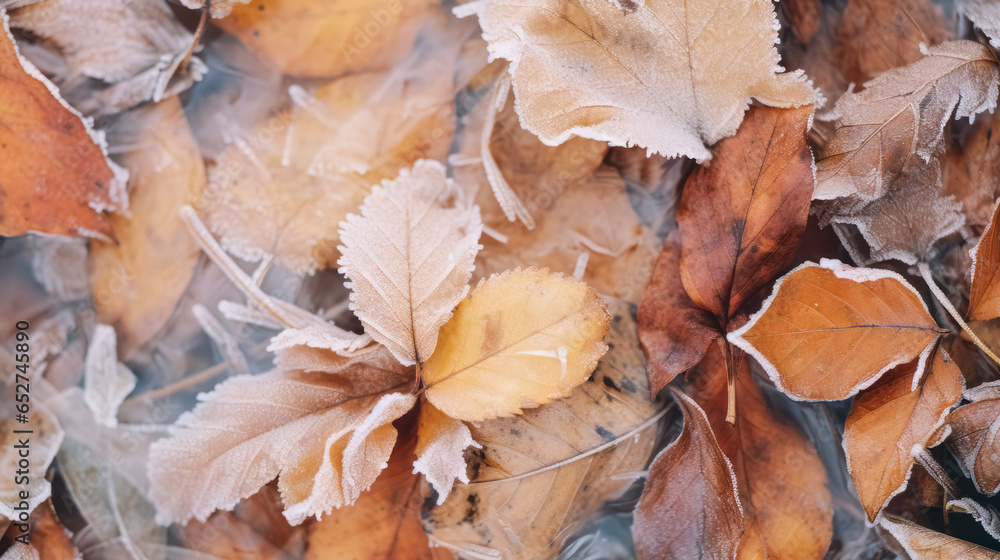 Frost covered closeup autumn leaves beautiful background. Cold weather frozen winter seasonal scene. Frost covered closeup autumn leaves beautiful background. Cold weather frozen winter seasonal scene.