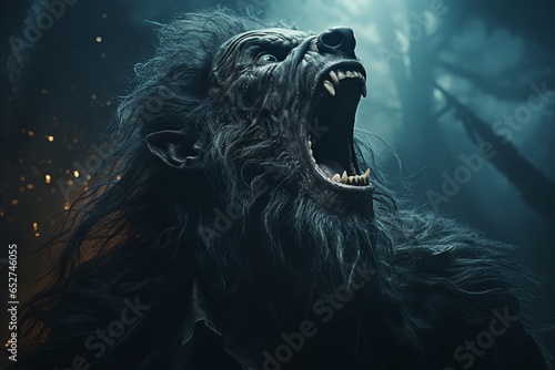 Werewolf, The Night of Halloween's Fury, A Monstrous Half-Man, Half-Wolf Creature Roaring in the Dark Forest-edit