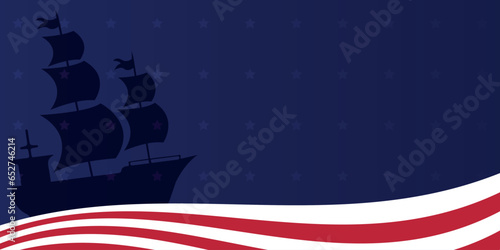 Columbus day background vector illustration with copy space, celebrate Christopher Columbus discover the America, USA national flag color backdrop, ship and strips