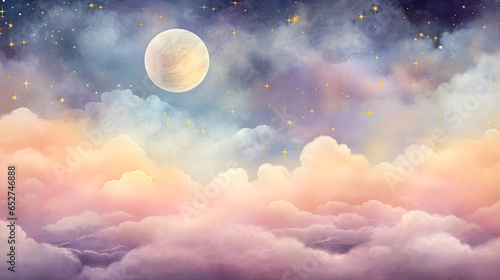 A watercolor fantasy clouds cape with stars and a crescent moon overlaid with a vintage photo