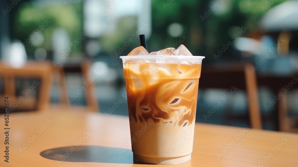 cool cappuccino and ice coffee cup on table in cafe, Generative A cool cappuccino and ice coffee cup on table in cafe, Generative A