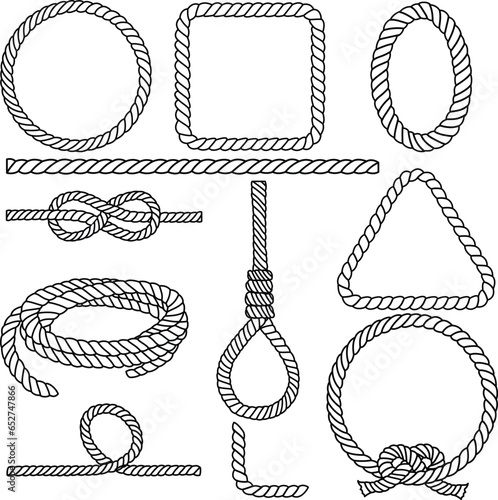 Set of ropes vector. Black and white ropes frame clipart