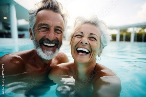 Portrait of happy senior couple smiling at camera in swimming pool at home, hotel. Generative Ai © Veronika