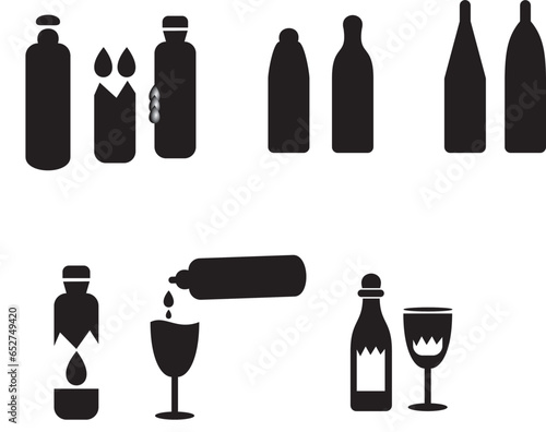 Silhouette bottle and glass of wine vector. Bottle of wine icon. Wine glass icon. Wine bottle and glass isolated.Beer bottle vector icon. Bottle and Glass Beer for Bar or Cafe or Restaurant Symbol Log photo