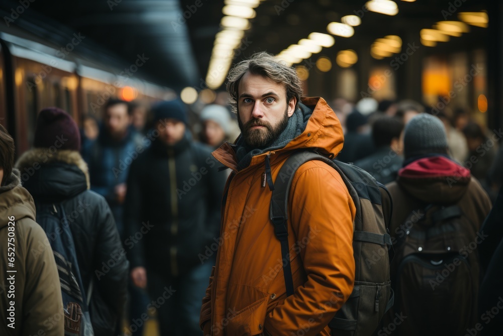 Commuter waiting for a train in a busy subway station, Generative AI Commuter waiting for a train in a busy subway station, Generative AI