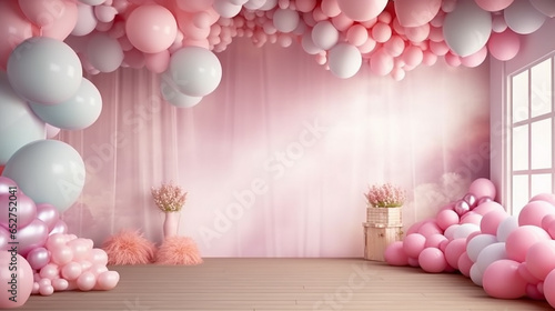 pink decor balloons in the room festive atmosphere copy space. Generative AI