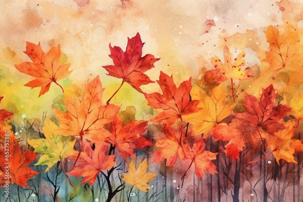 Colorful watercolor autumn leaves on a textured background. Generative AI