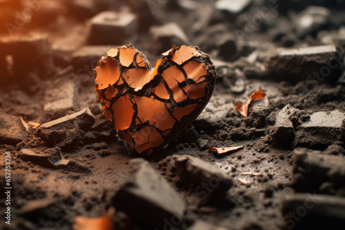 Illustration of broken clay heart. Lost love, heartbreak, loneliness, sadness, divorce concept. photo