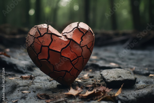 Illustration of broken clay heart. Lost love, heartbreak, loneliness, sadness, divorce concept. photo