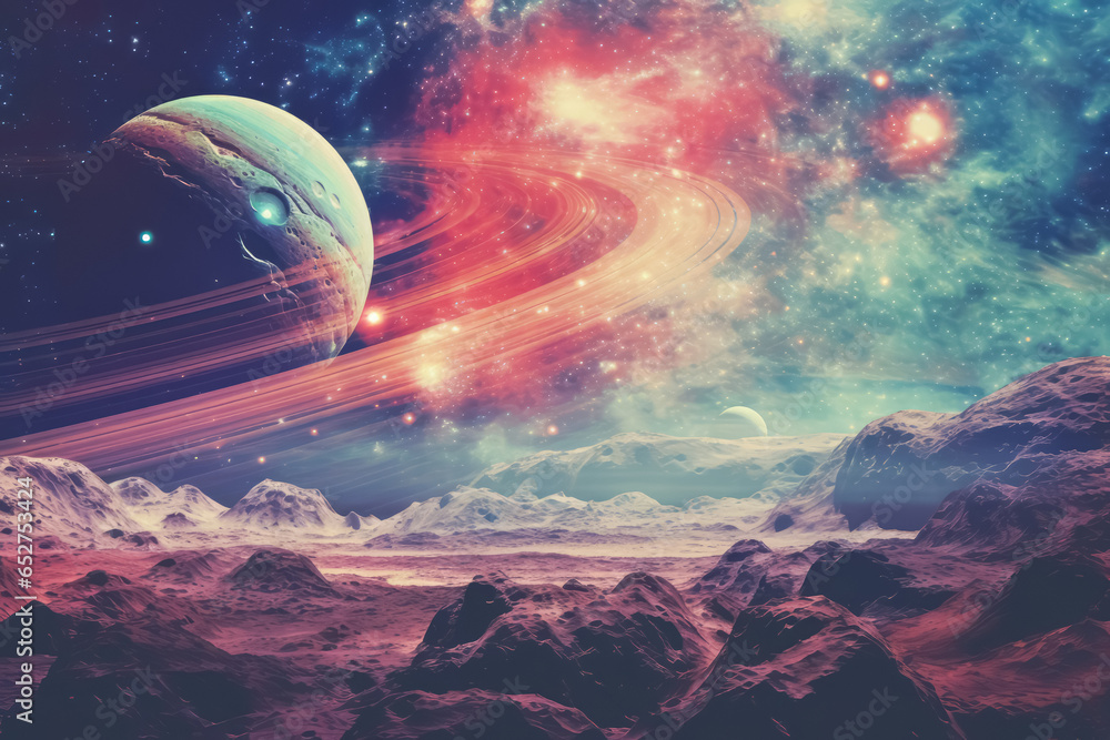 Retro collage style universe, galaxy, space background. Fantasy cosmos concept illustration. - obrazy, fototapety, plakaty 