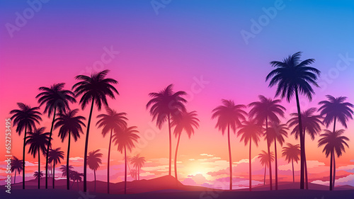 Copy space of tropical palm tree with sun light on sunset sky background. Summer vacation and nature travel concept. Vintage tone filter color style