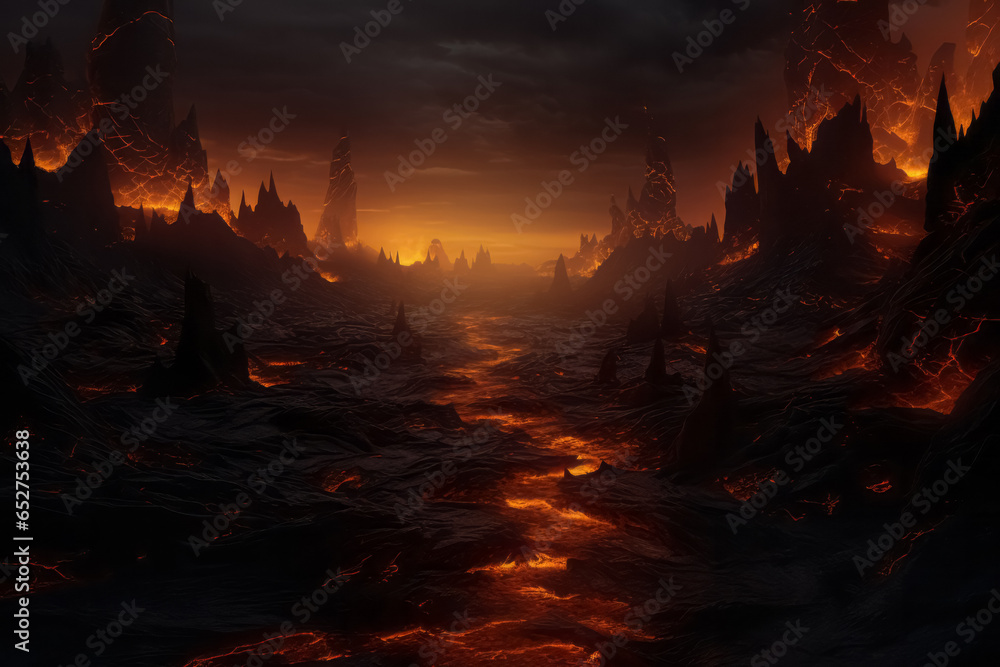 Apocalyptic inferno underworld landscape with road to hell. Life after death religious concept. - obrazy, fototapety, plakaty 