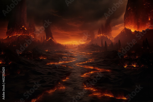 Apocalyptic inferno underworld landscape with road to hell. Life after death religious concept.