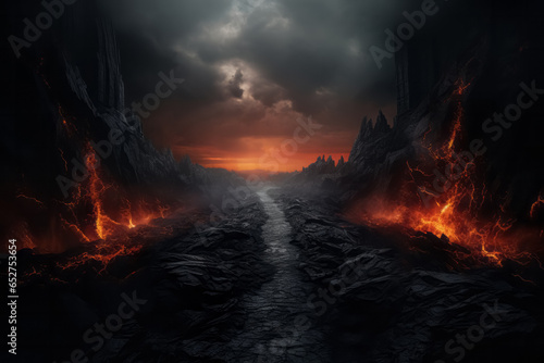Apocalyptic inferno underworld landscape with road to hell. Life after death religious concept. photo
