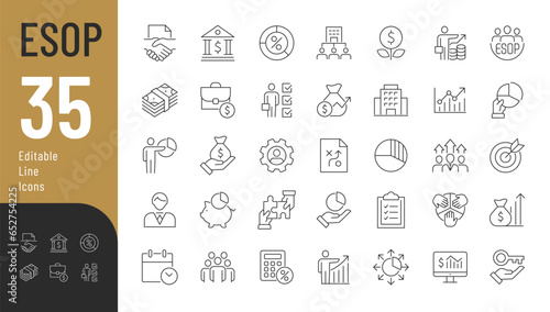 Employee Stock Ownership Plan Line Editable Icons set. Vector illustration in modern thin line style of business related icons: company, shares, benefits and pension savings. Isolated on white