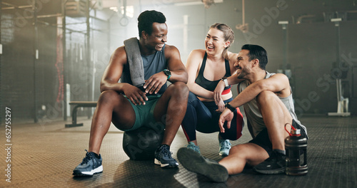 Fitness, group and conversation in gym with confidence, workout and exercise class. Diversity, friends talk and wellness portrait of athlete with coach ready for training and sport at a health club