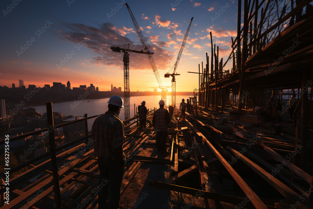 Construction site panorama at sunset 