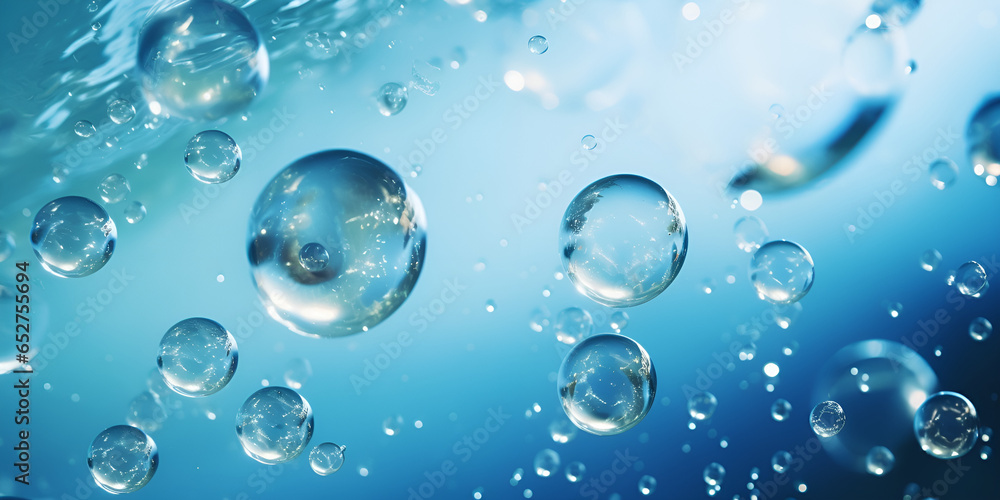 Underwater bubbles with sunlight. underwater background bubbles, Abstract bubbles in water with a blue backdrop and large air bubbles, generative AI