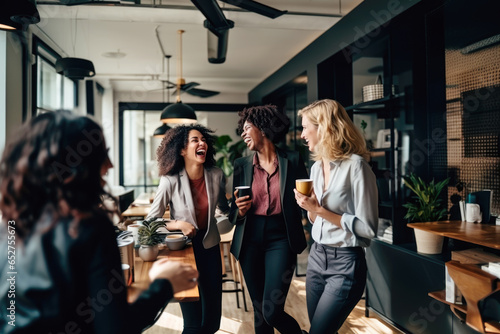 Happy positive female colleagues joking and laughing during coffee break in work place. Smiling business team talking, having fun and enjoying conversation in the office