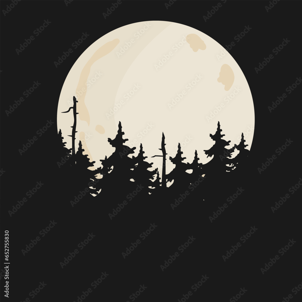 Vector night background with trees and full moon. Forest landscape illustration, place for text.