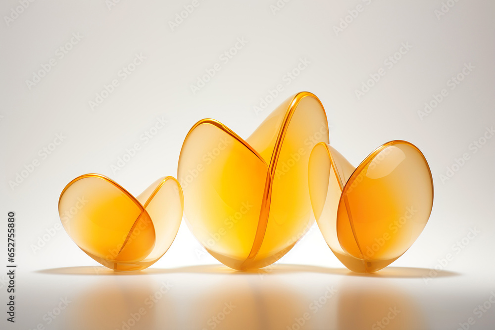 Vibrant and contemporary glass art in abstract shapes, featuring a stunning display of translucent forms in orange and yellow.