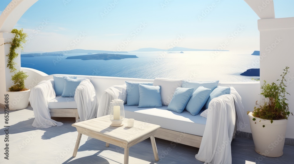 modern luxury living room with white sofa on sea view and blue sky background, large living room in modern house or luxury pool villa, Generative AI