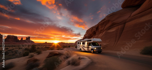Motorhome RV camper van on the road at sunset. 