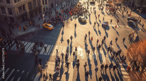Aerial view of crowd people walks on a business street pedestrian in the city. blurred business people walking on a street. Generative Ai