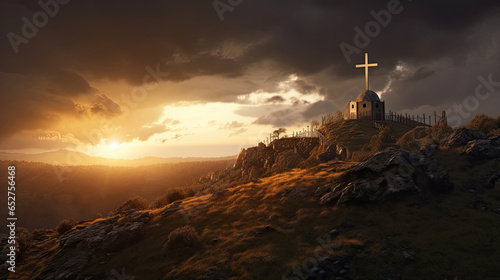 Apocalypse, Holy cross with the sky above Golgotha hill covered with light and clouds. Generative Ai