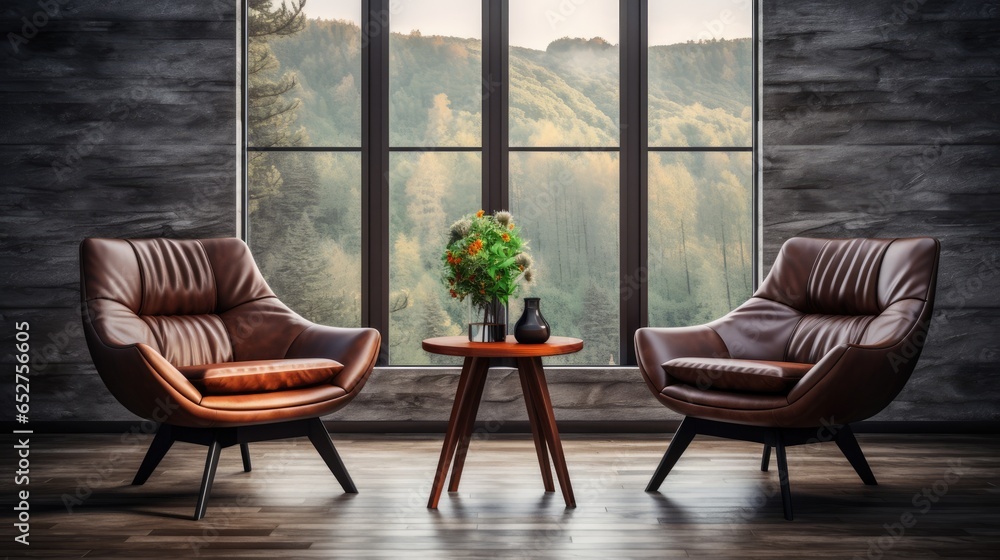 Livingroom, two leather chair at wooden round coffee table in Mid - century home interior design of modern living room, Generative AI