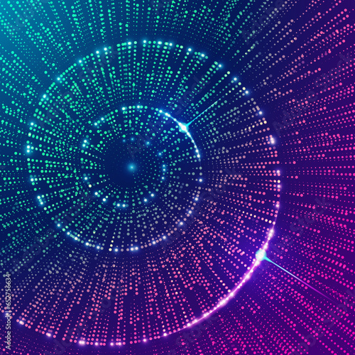concept of cosmology or digital transformation, graphic of lighting spiral combined with dotted line element