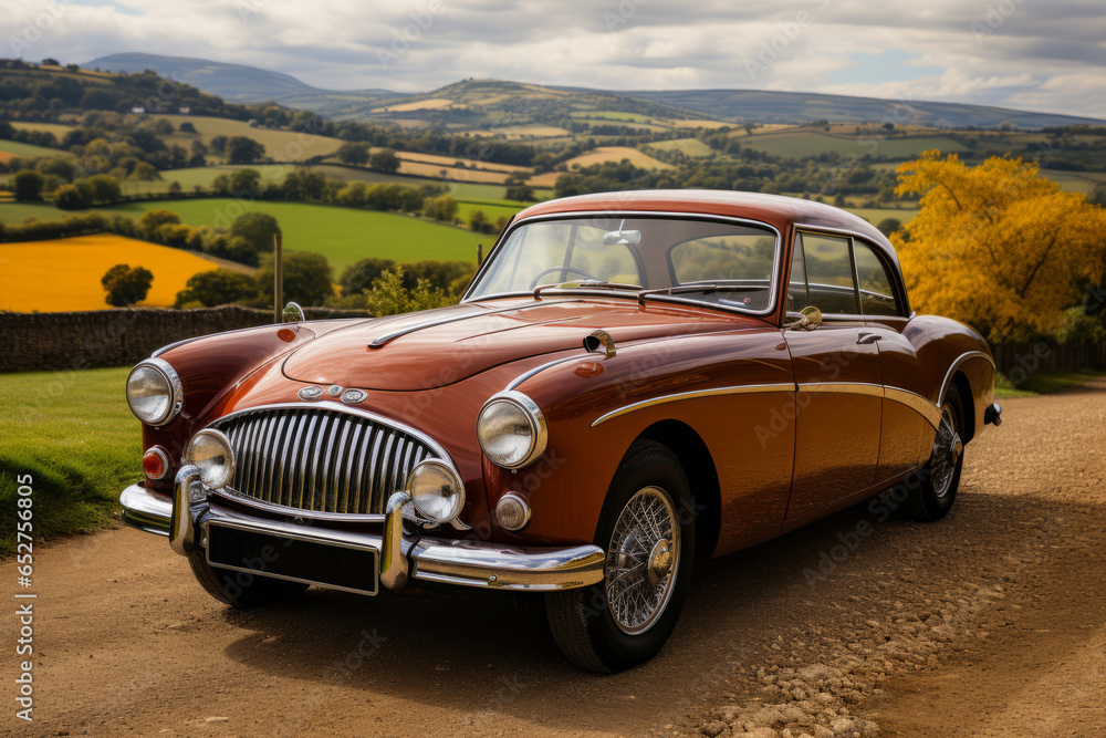 Fototapeta premium Beautifully restored vintage British sports car in a picturesque countryside, Generative AI