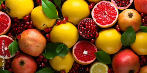 Different ripe fruits, top view, Oranges, pomegranates, grapefruits, carrots, bananas are colorful and beautiful and they will be delicious fruit juice, generative Ai