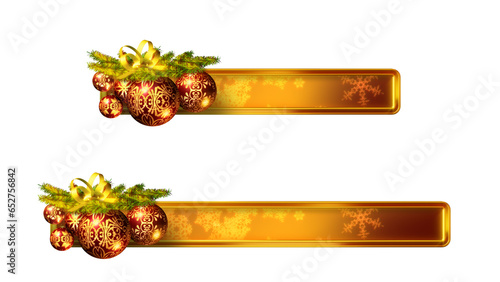 Christmas banners or lower-thirds, transparent PNG design elements. 3D illustration. Two sizes. Red and gold baubles.