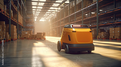 Automated guided vehicle in warehouse logistic and transport. AGV. Generative Ai