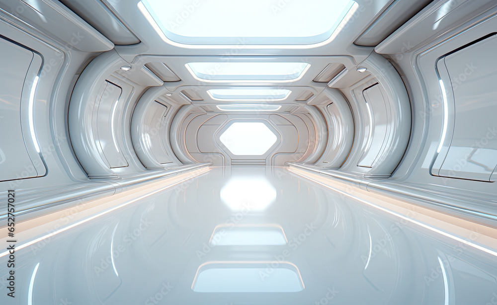 3d white, futuristic space tunnel room.