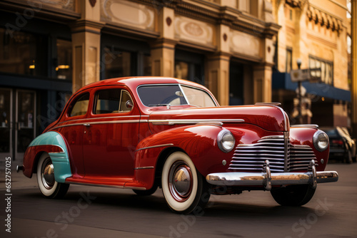Classic 1940s sedan parked in front of an art deco building, Generative AI © Shooting Star Std