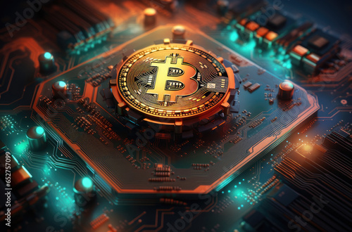 bitcoin on a circuit board on dark background
