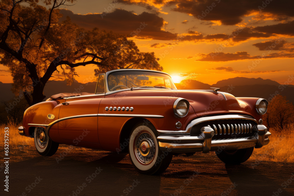 Naklejka premium Classic 1950s convertible car under a golden sunset, Generative AI