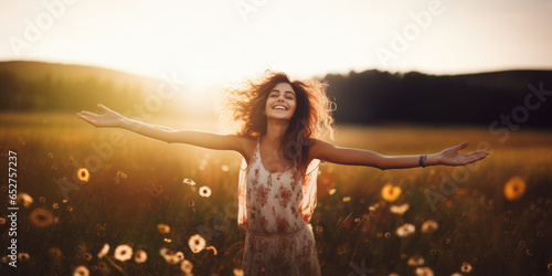 Beautiful smiling carefree woman with opened arms in a meadow © Jasmina