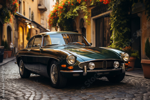 Classic Italian sports car parked on a cobblestone street, Generative AI