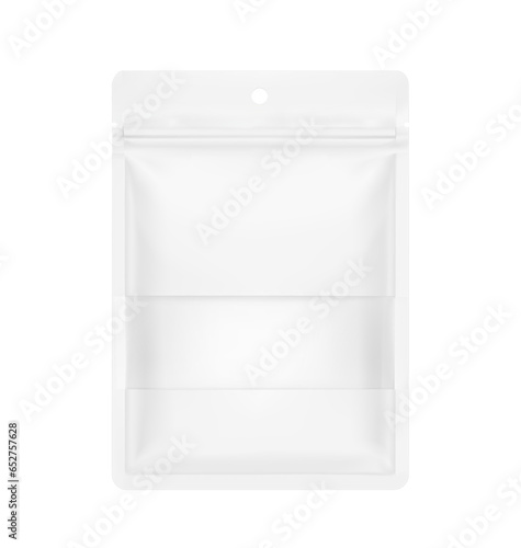 Pouch bags with transparent window mockups on white background. With the transparent window and screen mode overlay, it's easy to make a realistic mockup of your product. Vector illustration. EPS10.