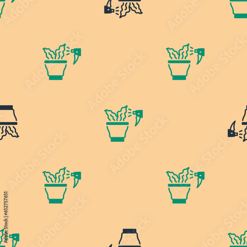 Green and black Spraying a house plant with a spray gun icon isolated seamless pattern on beige background. Moistening of foliage. Care for home flowers. Vector