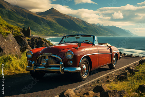  Retro convertible car with its top down  driving along a coastal road  Generative AI 