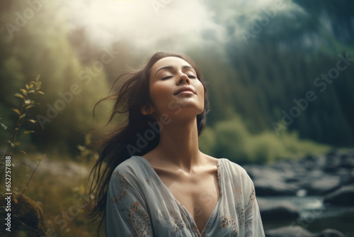 Young woman feeling relieved in beautiful green nature, enjoying the breeze, breathing the fresh air